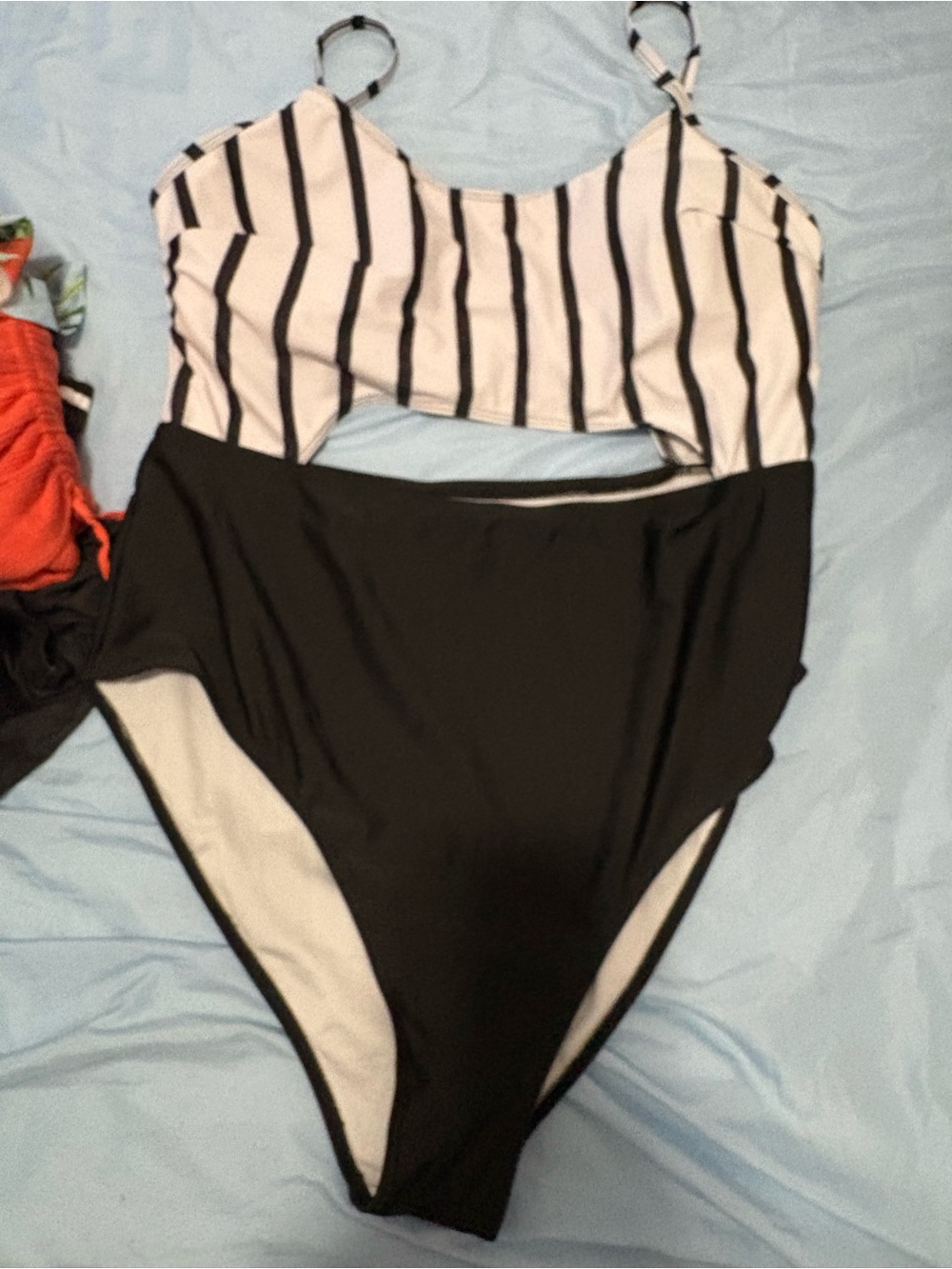 SHEIN Black and White Striped Cutout One-Piece Swimsuit